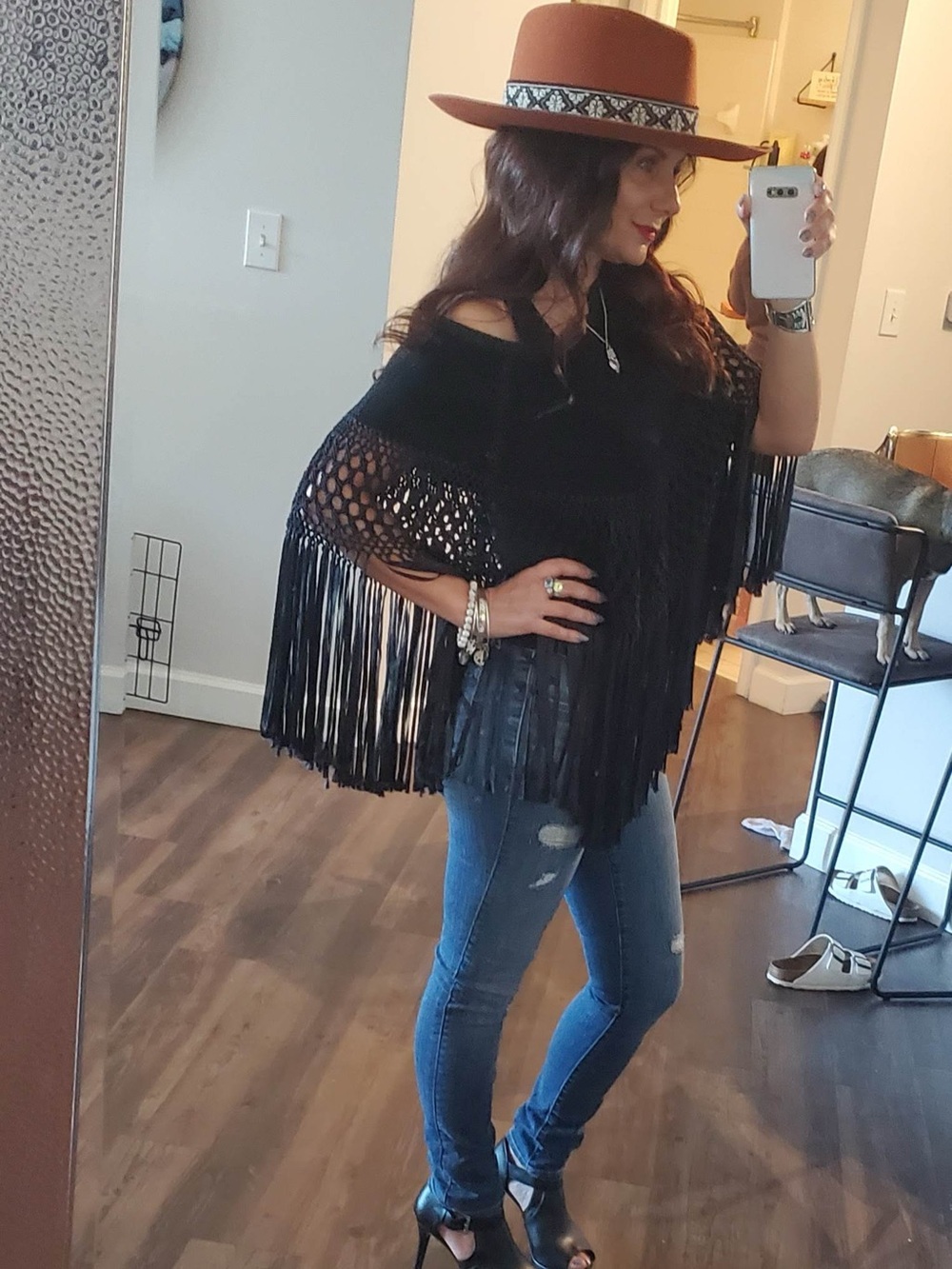 Black Fringe suede poncho with crochet details